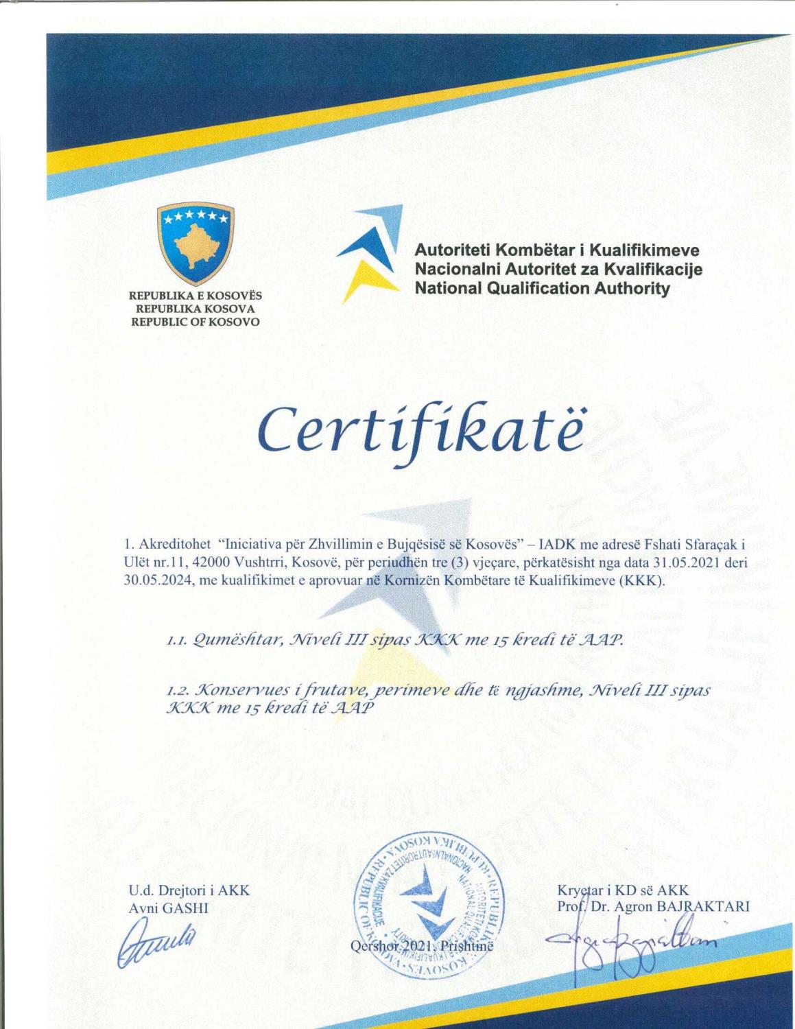 IADK akreditohet nga AKK në programet “Qumështar” dhe “Konservues i frutave, perimeve dhe të ngjashme”