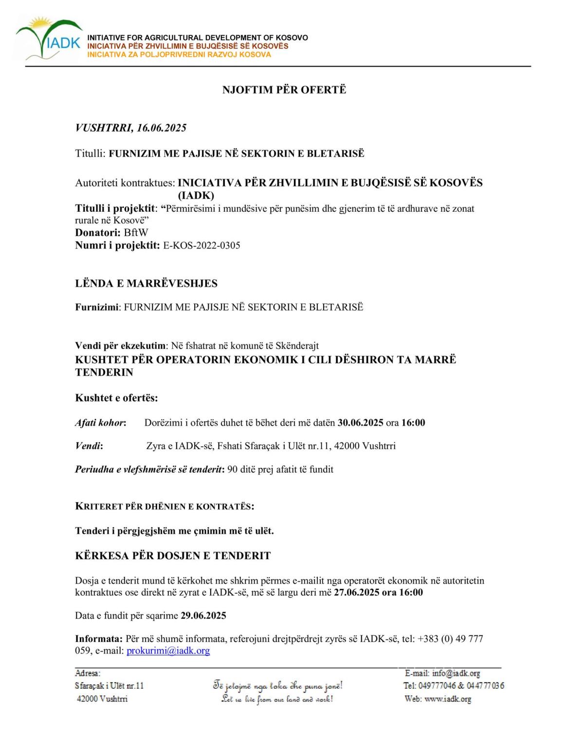 TENDER NOTICE - Supply of equipment in the beekeeping sector