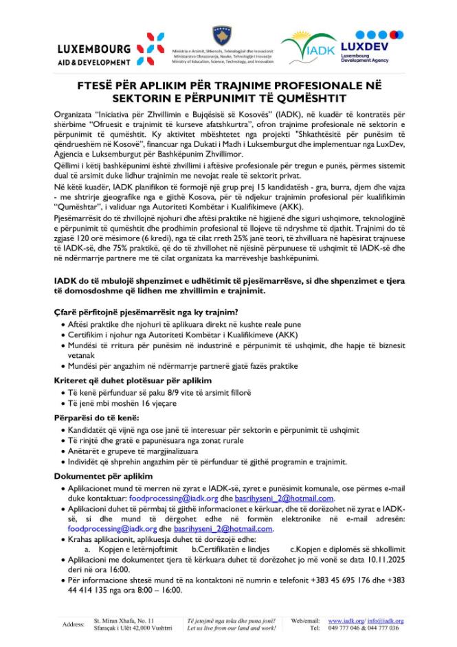 FTESË PËR TRAJNIME PROFESIONALE NË PËRPUNIMIN E QUMËSHTIT! 🥛