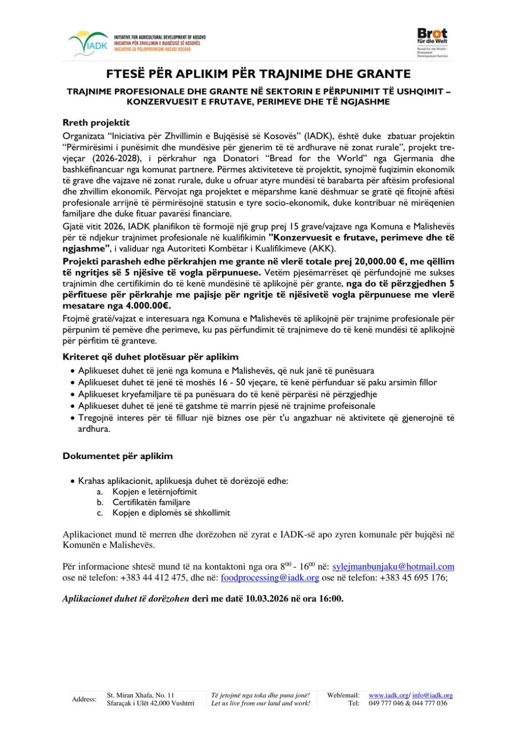 CALL FOR APPLICATIONS FOR TRAININGS AND GRANTS IN THE PROCESSING SECTOR